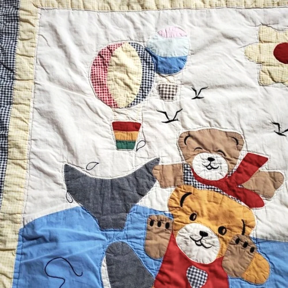 VINTAGE Bear/Dolphin Baby Quilt Crib Blanket Throw Nursery Bedding Blue Boy/Girl